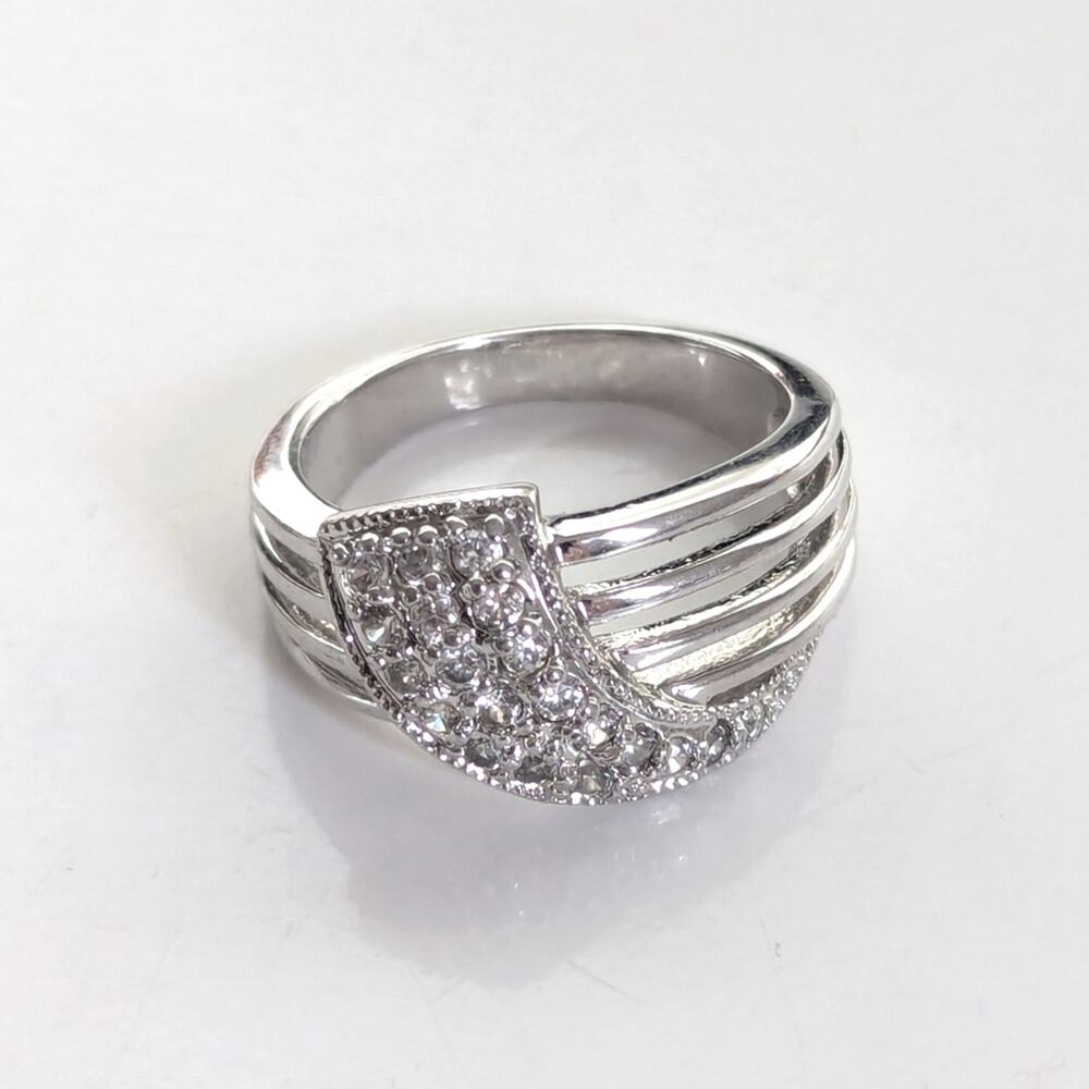 Vintage Modernist Pave Glass Rhinestone Swish Swoop Silver Tone Ring Size 8
